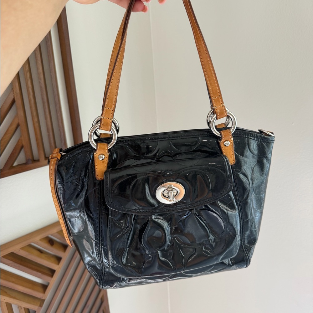 Coach Black Patent Shoulder Bag with Tan Straps
